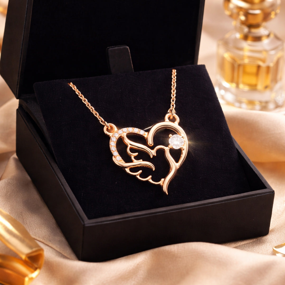 Sterling Silver Rose Gold Plated Angel Wing Heart Chain Pendant for Women