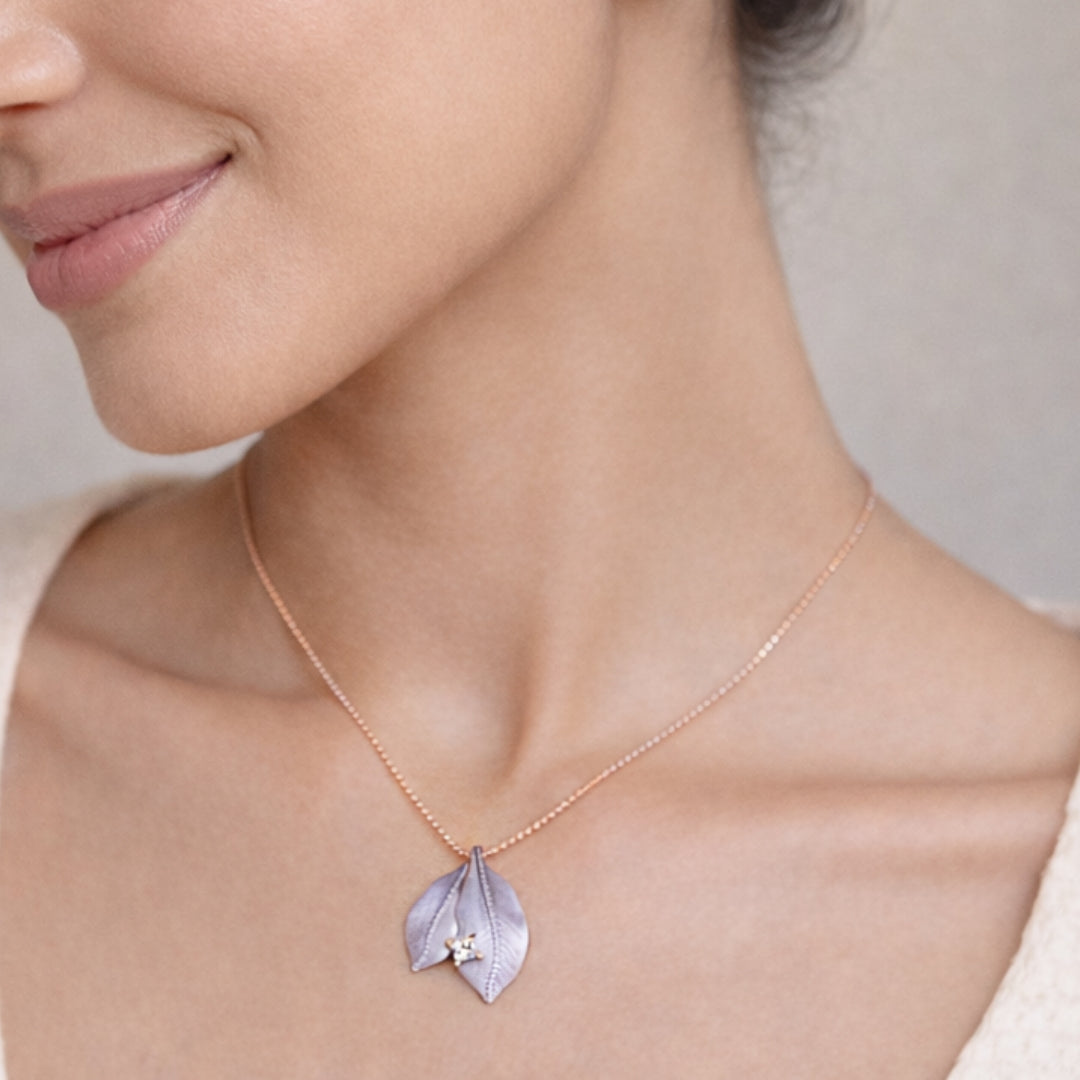 Sterling Silver Rose Gold Plated Lavender Leaf Pendant with Earrings Set for Women