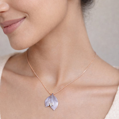 Sterling Silver Rose Gold Plated Lavender Leaf Pendant with Earrings Set for Women