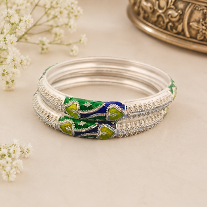 Sterling Silver Green Blue Vine Meenakari Manipuri Bangle Set for Women