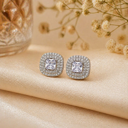 Sterling Silver Square Halo Stud Earrings for Women