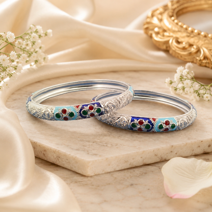 Sterling Silver Sky Blue Floral Meenakari Manipuri Bangle Set for Women