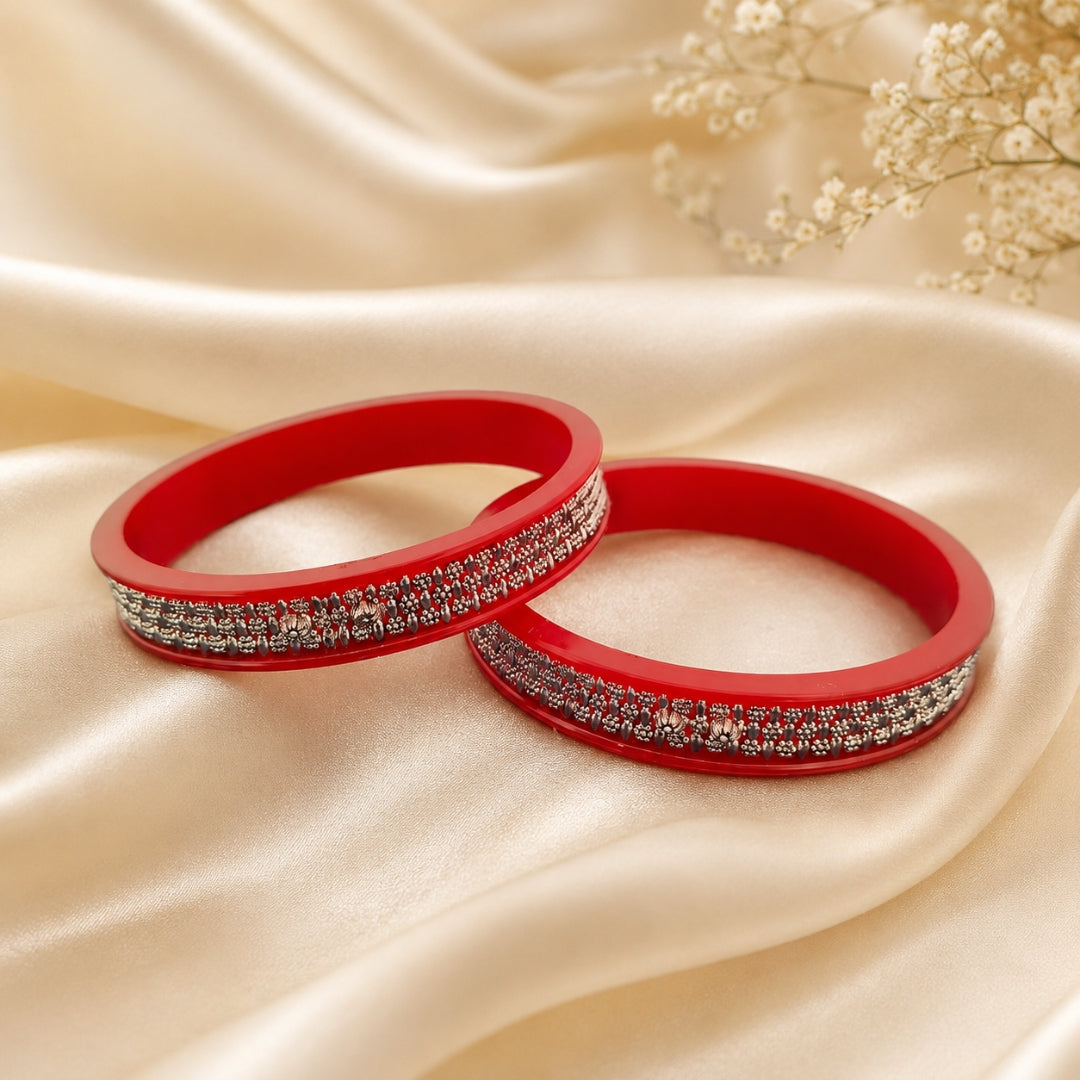 925 Sterling Silver Red Pola Bangle Pair with Traditional Motif Detailing for Women
