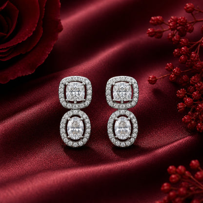 Sterling Silver Cushion & Oval CZ Halo Drop Earrings for Women