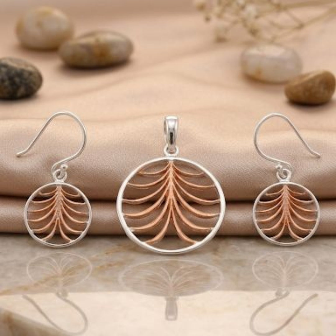 Sterling Silver Rose Gold Plated Leaf Design Pendant (Without Chain) with Matching Hook Earrings Set for Women & Girls