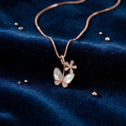 Sterling Silver Rose Gold Floral Butterfly Chain Pendant for Women