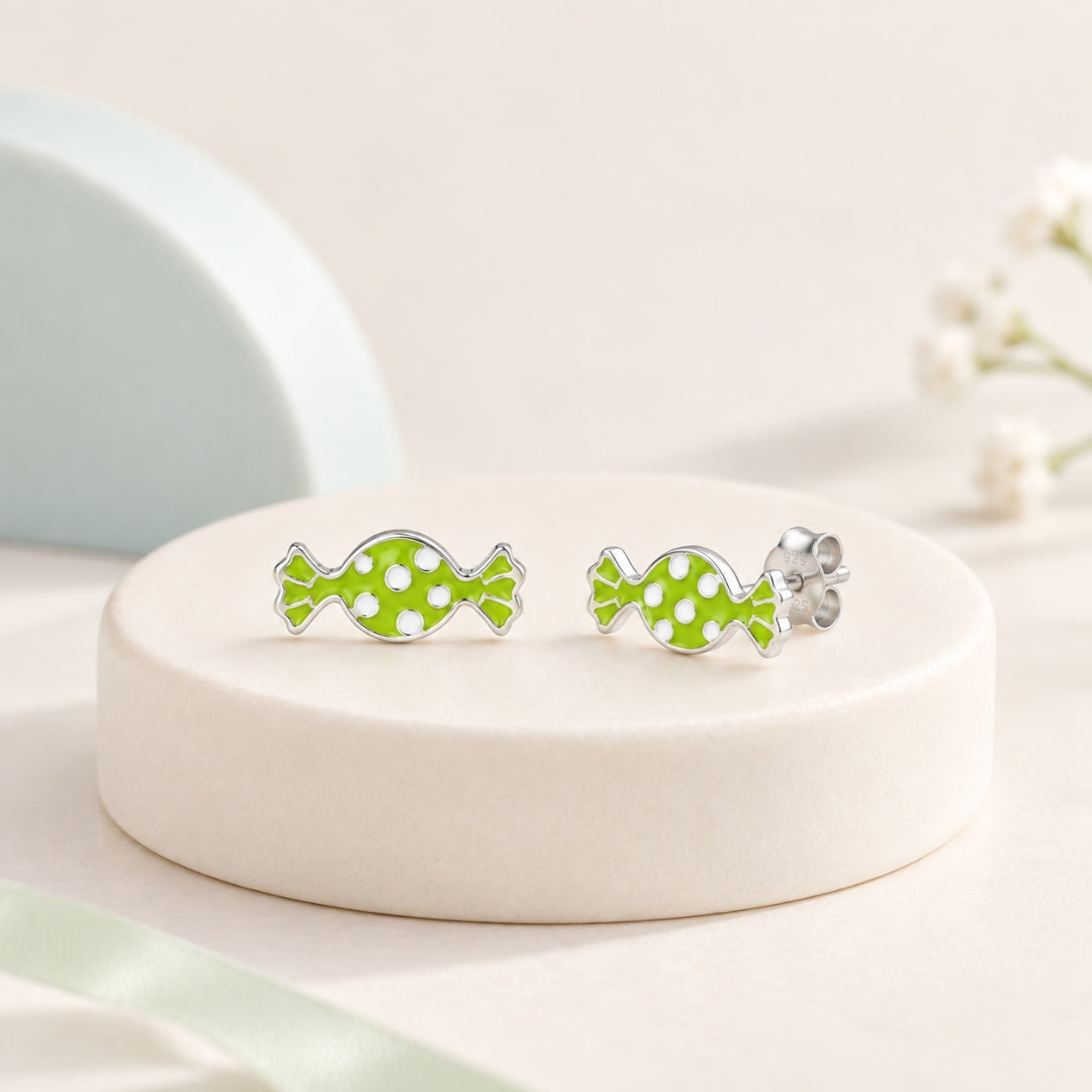 925 Sterling Silver Green & White Polka Candy Stud Earrings for Girls