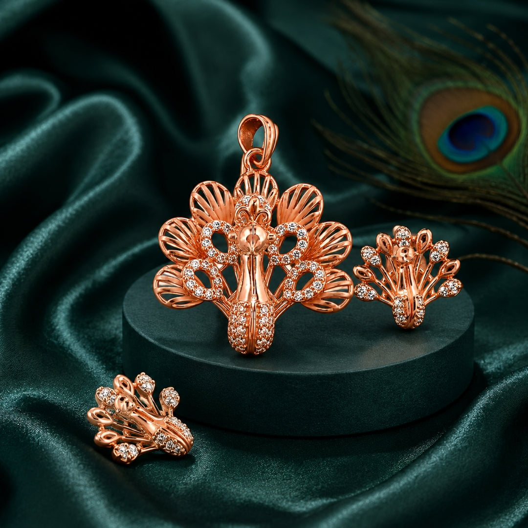 Sterling Silver Rose Gold Plated Peacock Pendant(without chain) with Matching Earrings Set for Women & Girls
