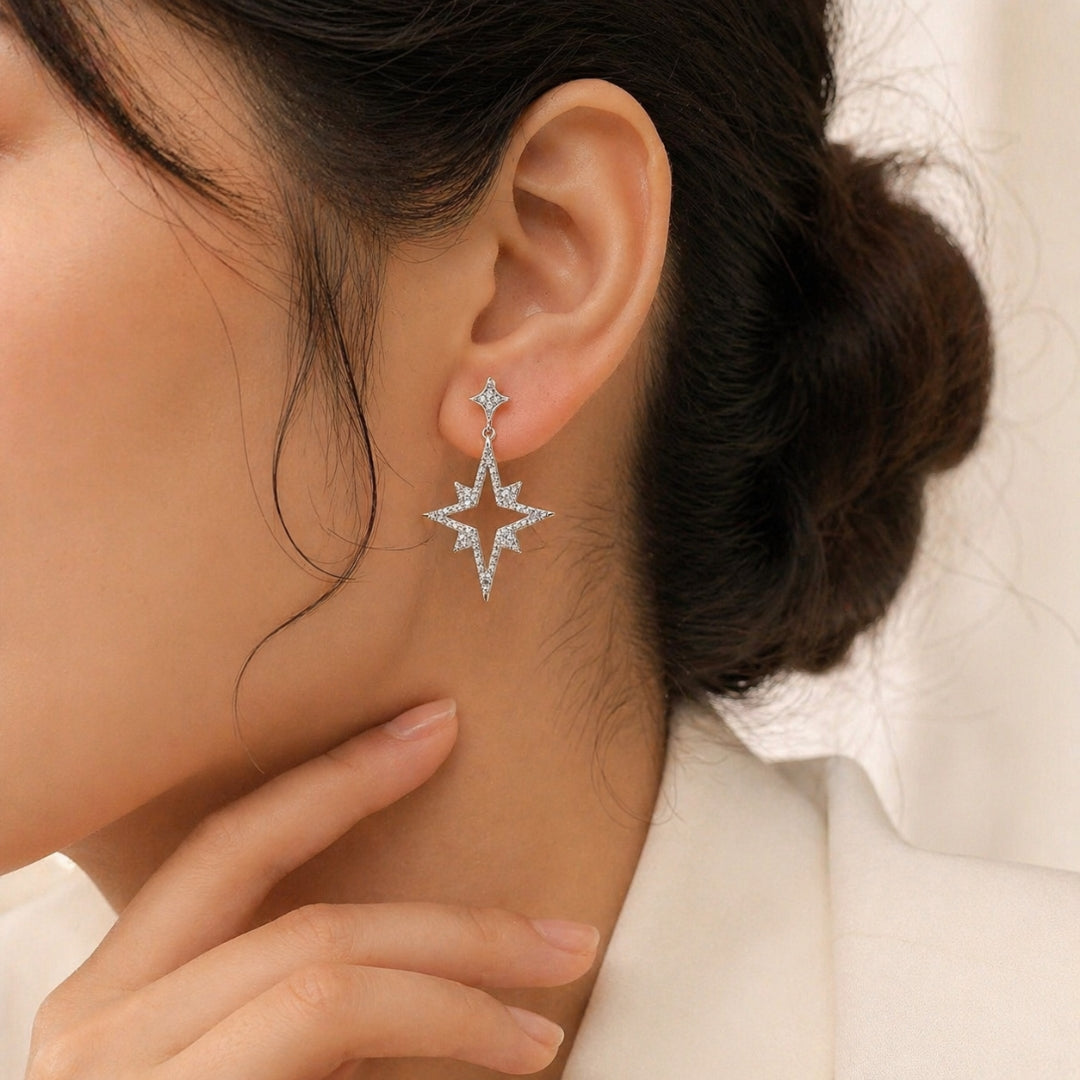 Sterling Silver Star Dangle Cubic Zirconia Earrings for Women