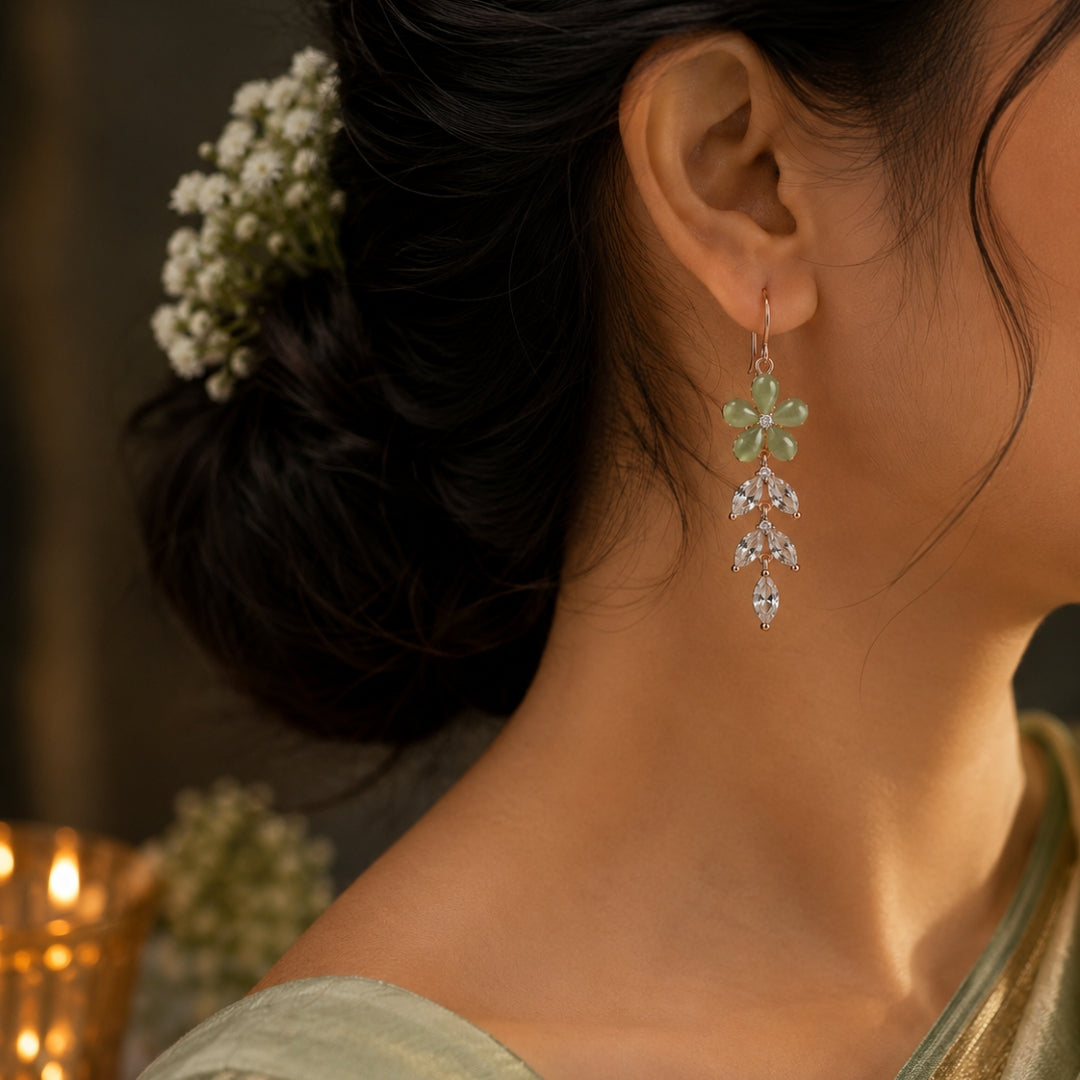 Sterling Silver Rose Gold Plated Green Floral CZ Leaf Dangler Earrings for Women