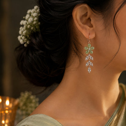 Sterling Silver Rose Gold Plated Green Floral CZ Leaf Dangler Earrings for Women