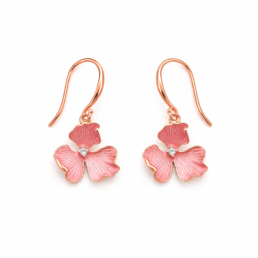 Sterling Silver Rosegold Plated Pink Floral Chain Pendant with Earrings Set for Women