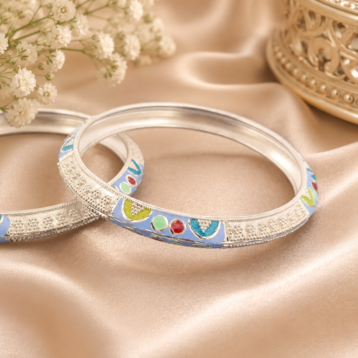 Sterling Silver Sky Blue Meenakari Manipuri Bangle Set for Women