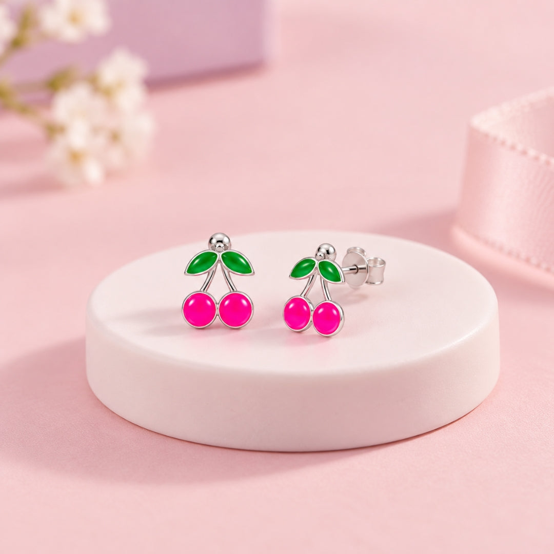 925 Sterling Silver Pink Cherry Stud Earrings for Girls