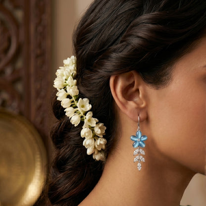 Sterling Silver Persian Blue Floral CZ Leaf Dangler Earrings for Women