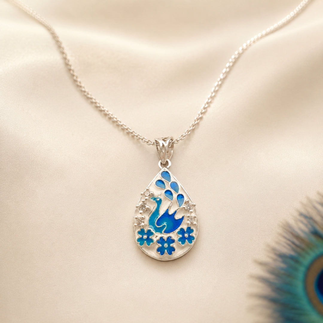 925 Sterling Silver Blue Tear Drop Peacock Chain Pendant for Women