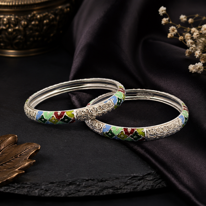 Sterling Silver Petal Motif Meenakari Manipuri Bangle Set for Women