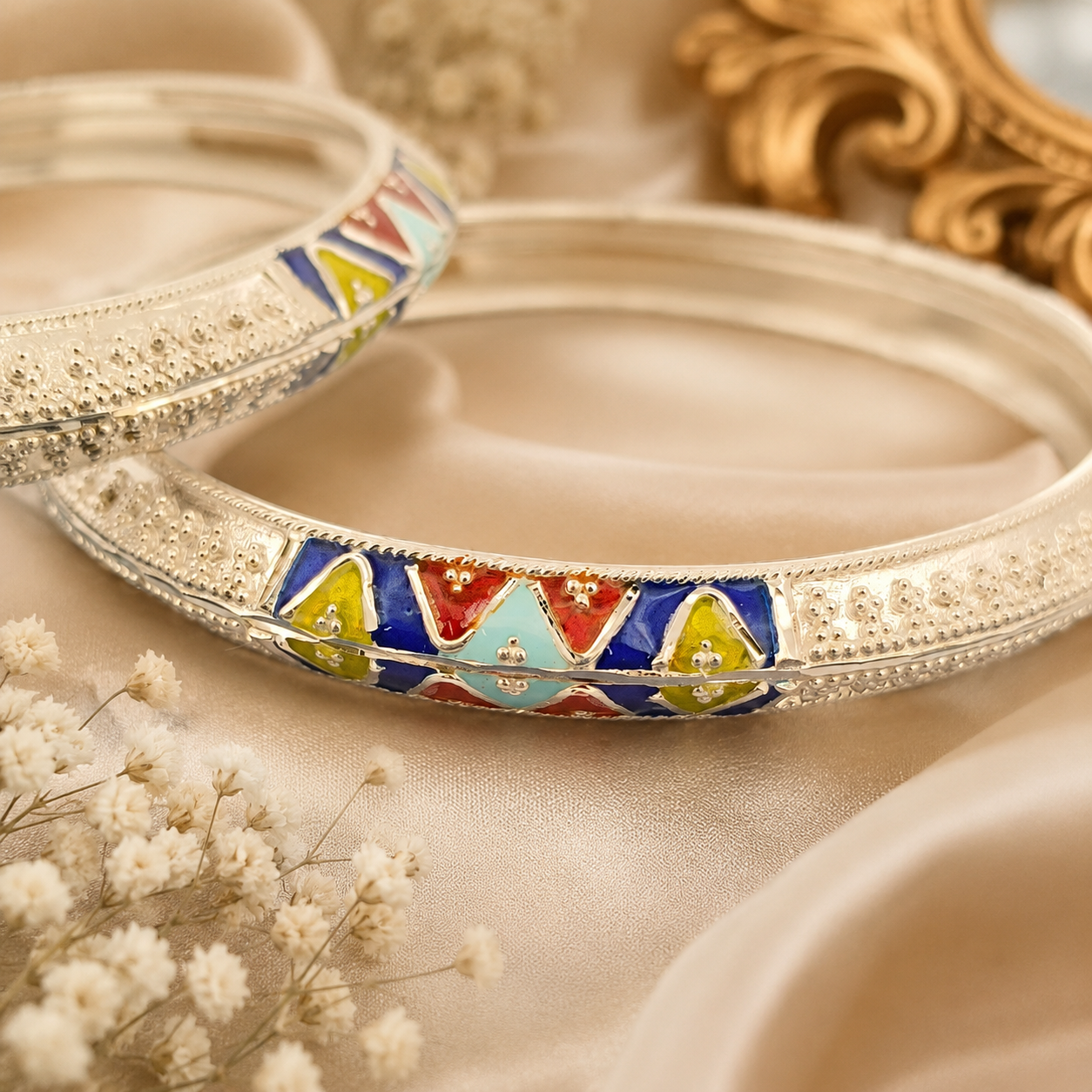 Sterling Silver Triangle Motif Meenakari Manipuri Bangle Set for Women