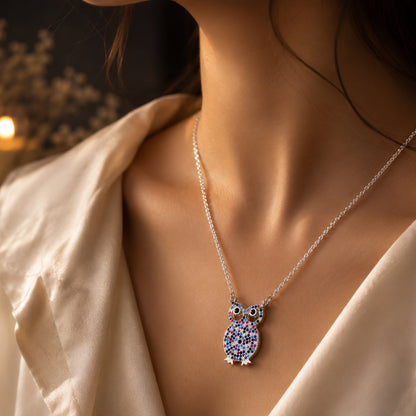 Sterling Silver Multicolour Owl Chain Pendant for Women & Girls