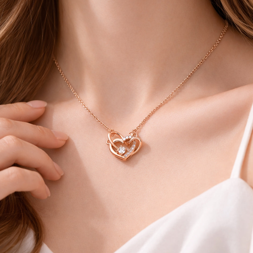 Sterling Silver Rose Gold Plated Twin Heart Chain Pendant for Women
