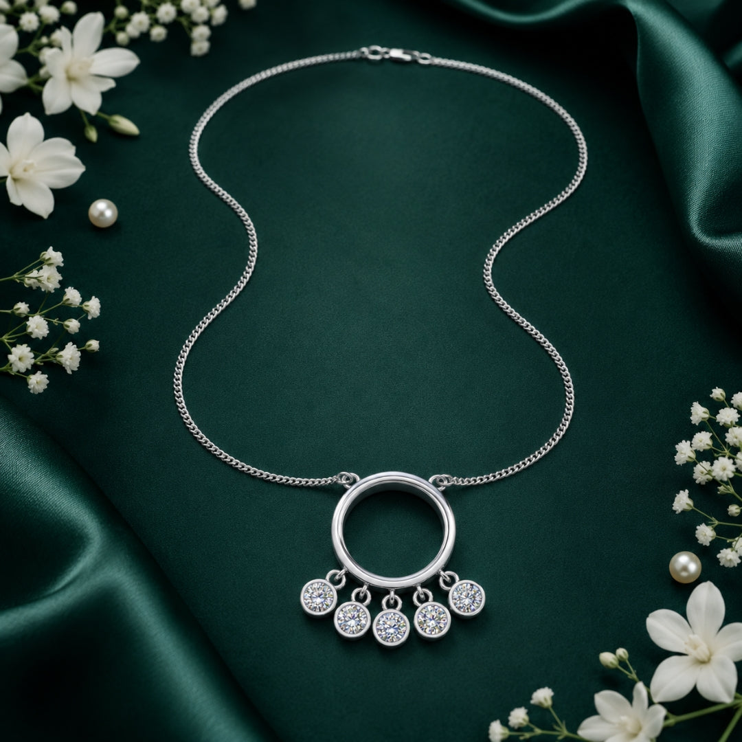 Sterling Silver Round Pendant Necklace with Dangling Stone Charms for Women & Girls