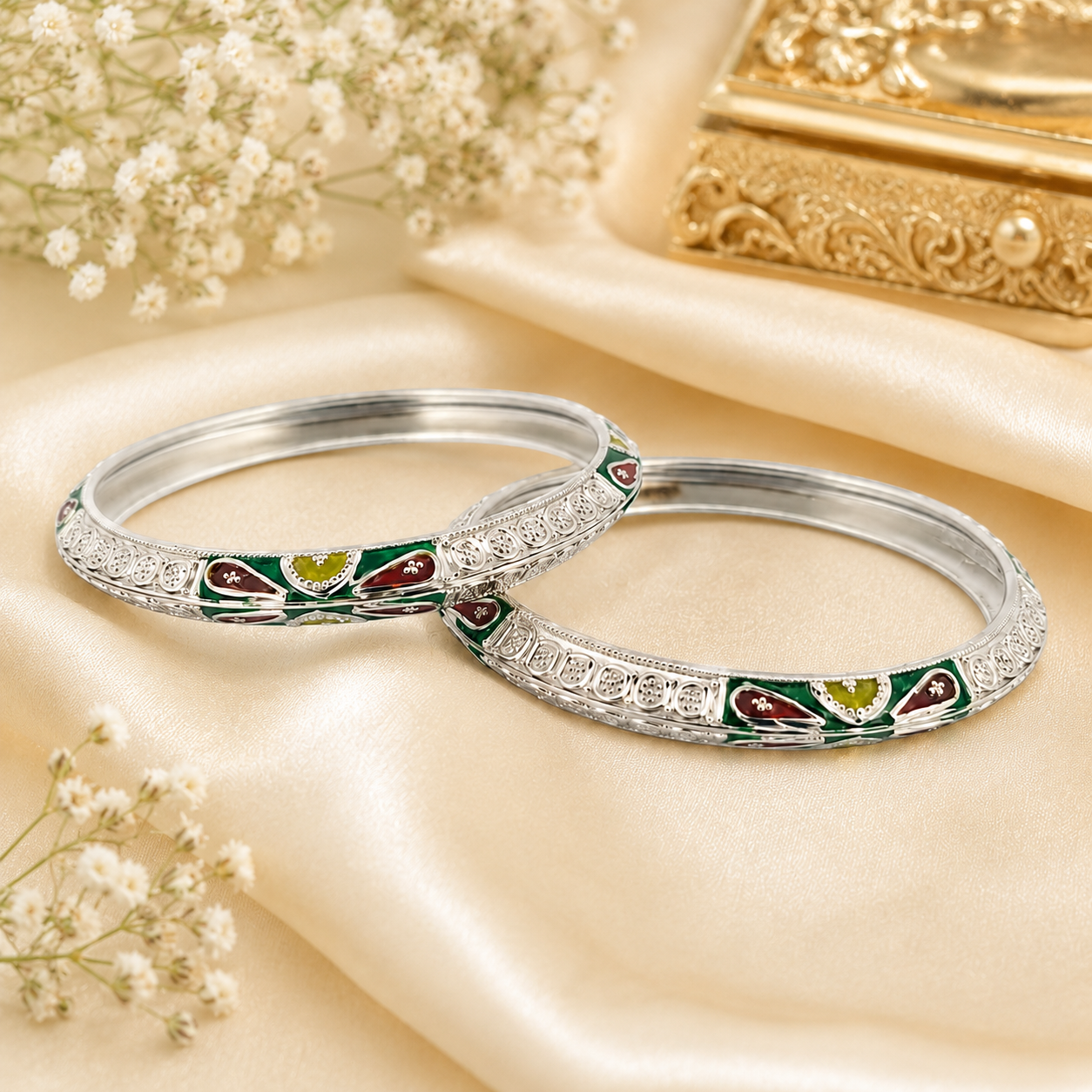 Sterling Silver Green Maroon Meenakari Manipuri Bangle Set for Women