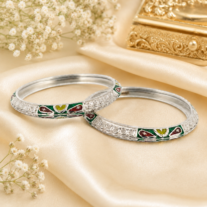 Sterling Silver Green Maroon Meenakari Manipuri Bangle Set for Women