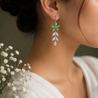 Sterling Silver Green Floral CZ Leaf Dangler Earrings for Women