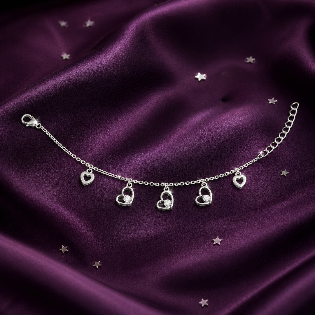 Sterling Silver Cubic Zirconia Heart Charm Bracelet for Women and Girls