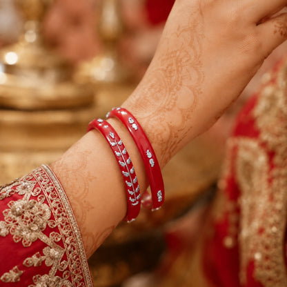925 Sterling Silver Red Pola Bangle Pair with Floral Motif Detailing for Women