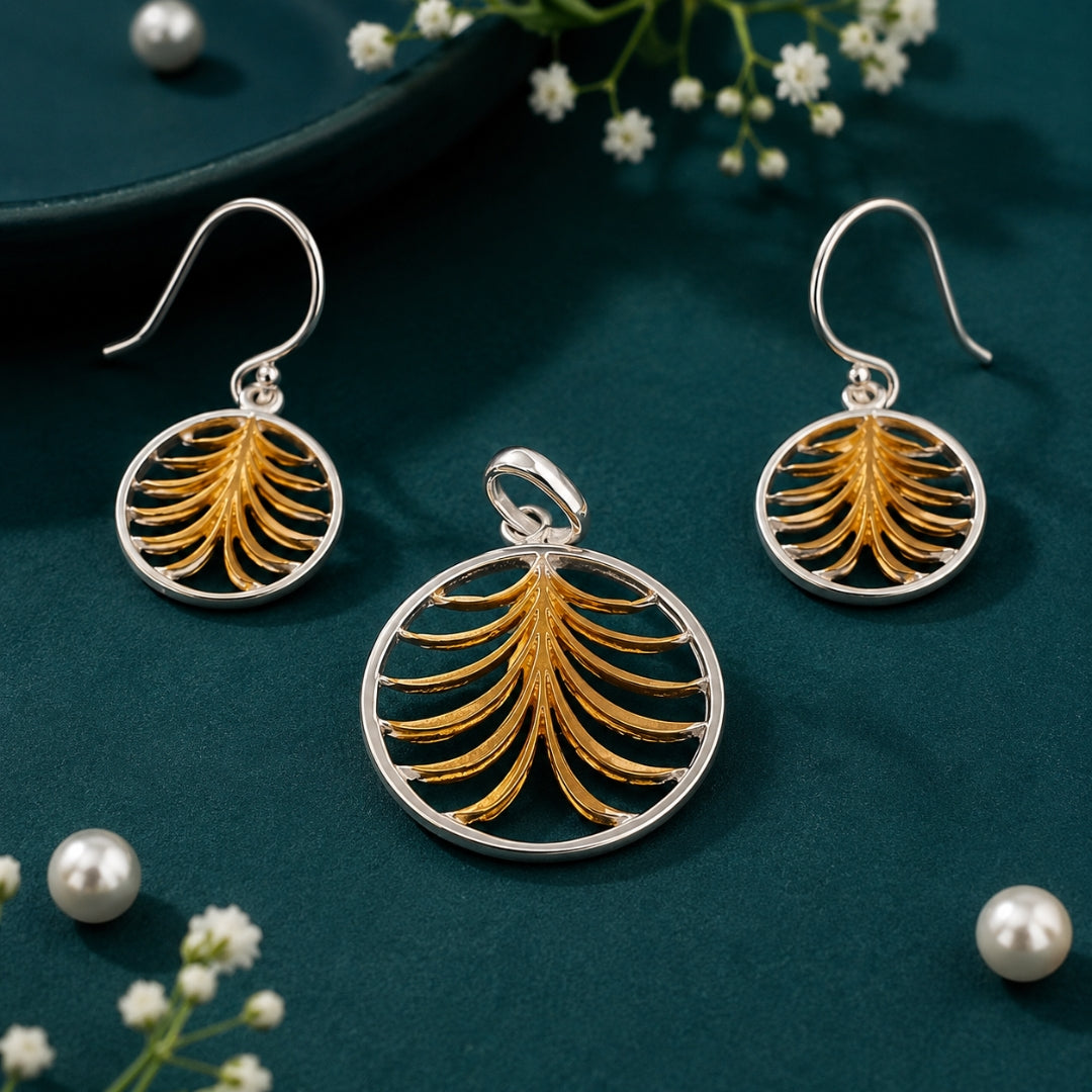 Sterling Silver Gold Plated Leaf Design Pendant (Without Chain) with Matching Hook Earrings Set for Women & Girls