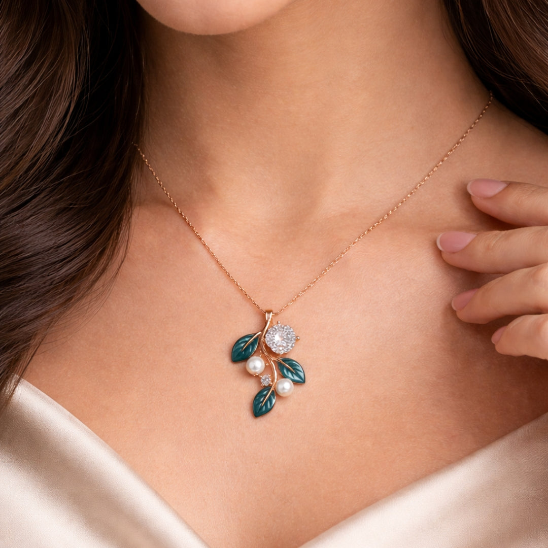 Sterling Silver RoseGold Plated Leaf Chain Pendant with Earrings Set for Women
