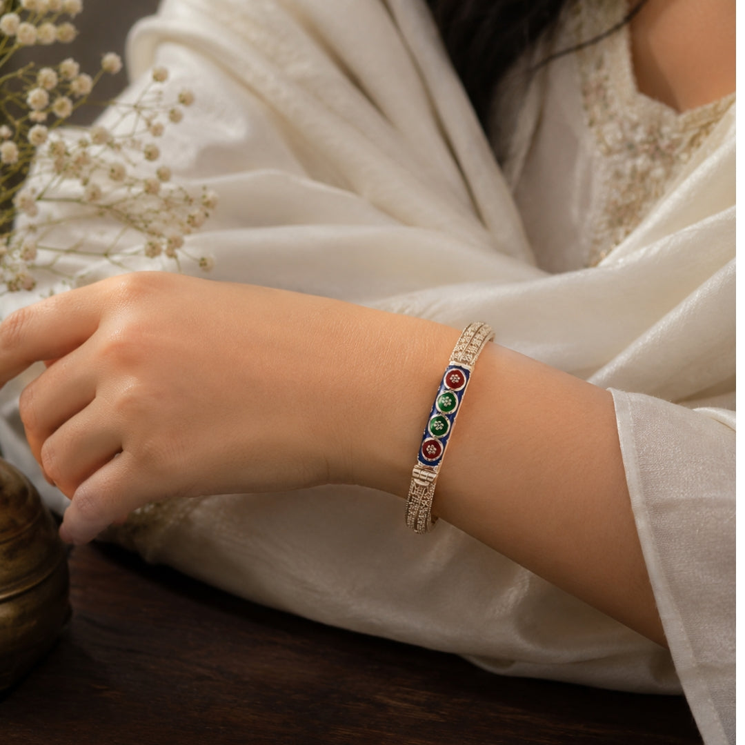 Sterling Silver Red and Blue Manipuri Bangle for Women