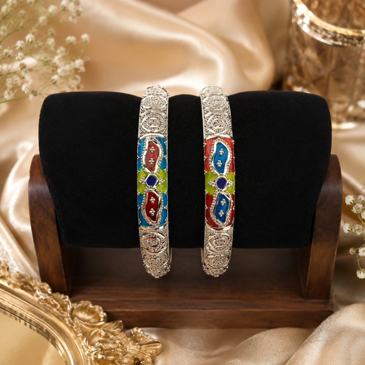 Sterling Silver Teal Maroon Meenakari Manipuri Bangle Set for Women