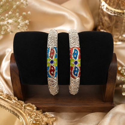 Sterling Silver Teal Maroon Meenakari Manipuri Bangle Set for Women