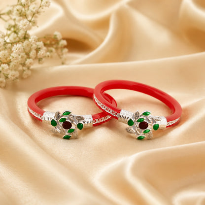 925 Sterling Silver Red Pola Bangle Pair with Green Leaf Motif for Women