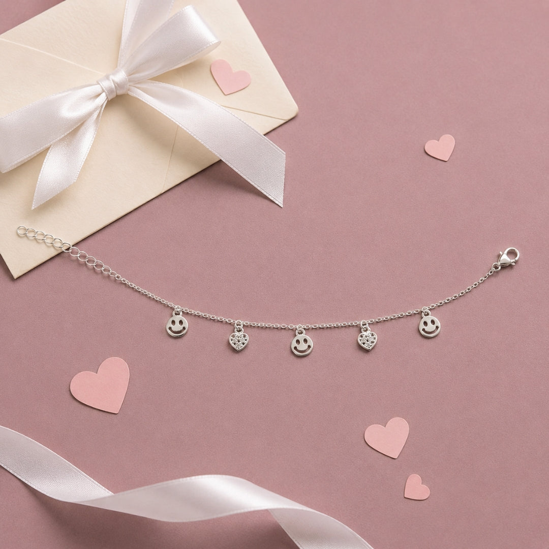 Sterling Silver Smile Heart Charm Bracelet for Women and Girls