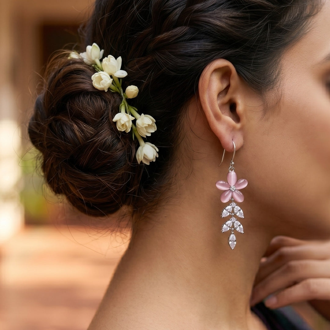 Sterling Silver Pink Floral CZ Leaf Dangler Earrings for Women