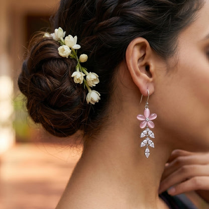 Sterling Silver Pink Floral CZ Leaf Dangler Earrings for Women