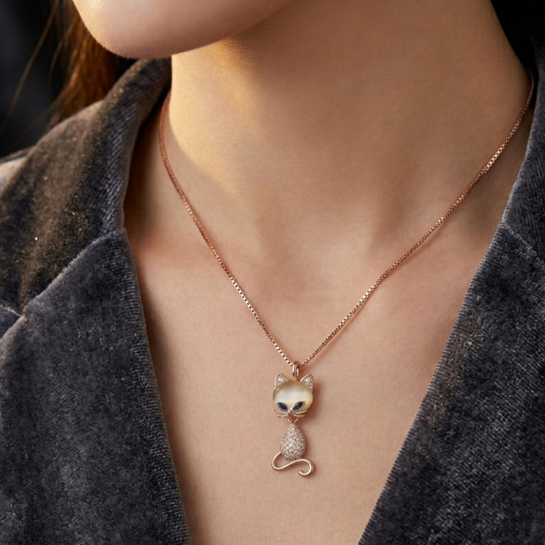 Sterling Silver Rose Gold Plated Cat Chain Pendant for Women