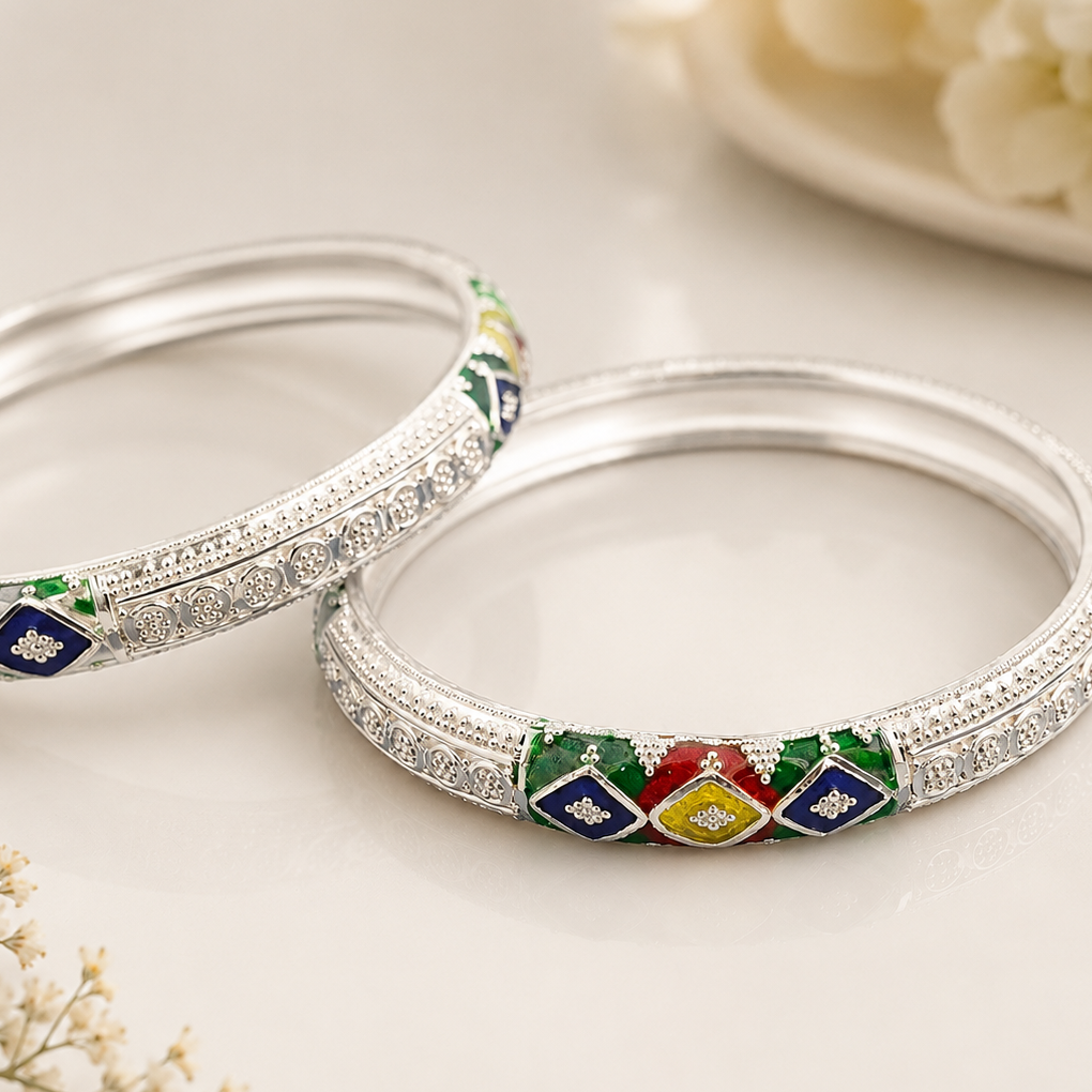 Sterling Silver Geometric Meenakari Manipuri Bangle Set for Women