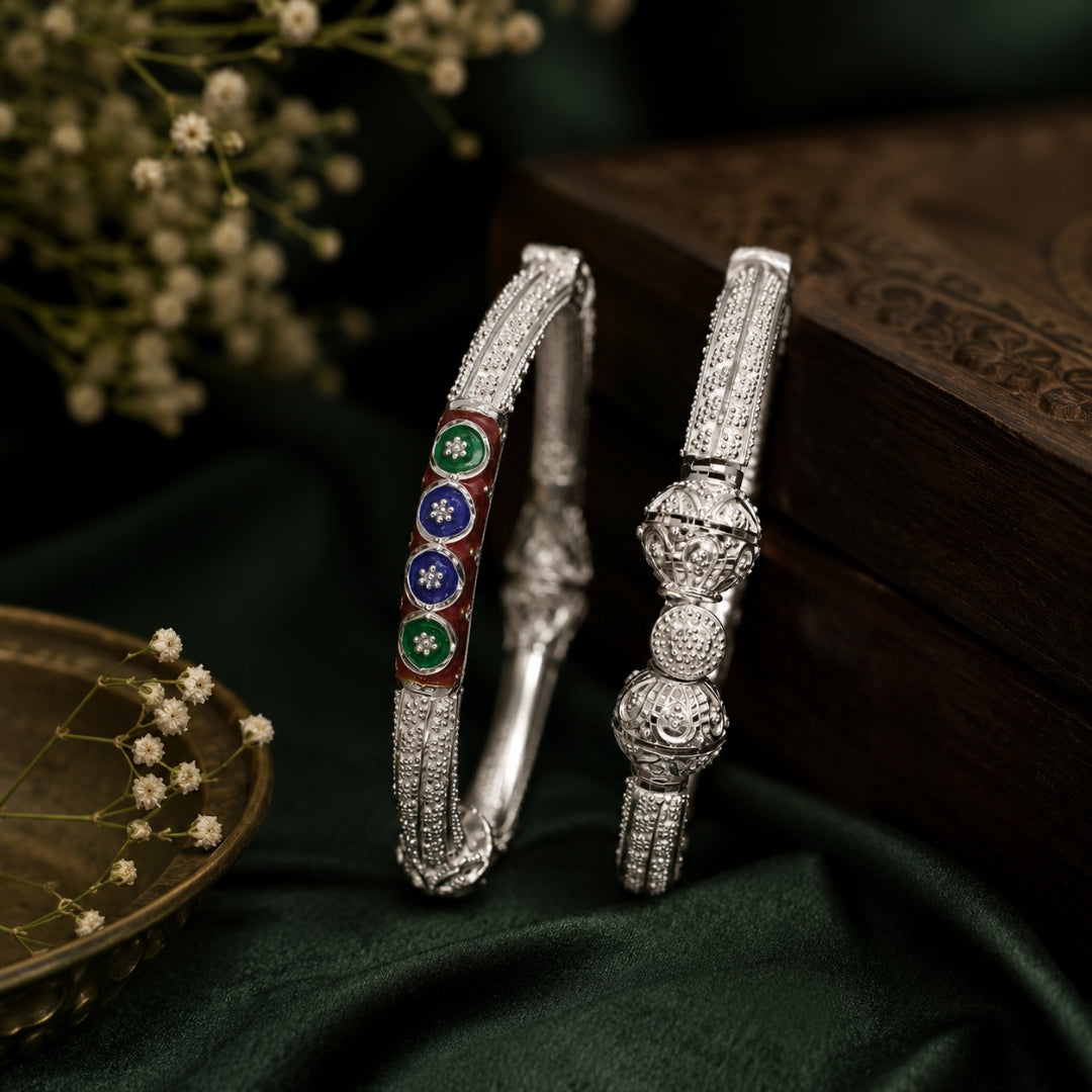 Sterling Silver Red and Blue Manipuri Bangle for Women
