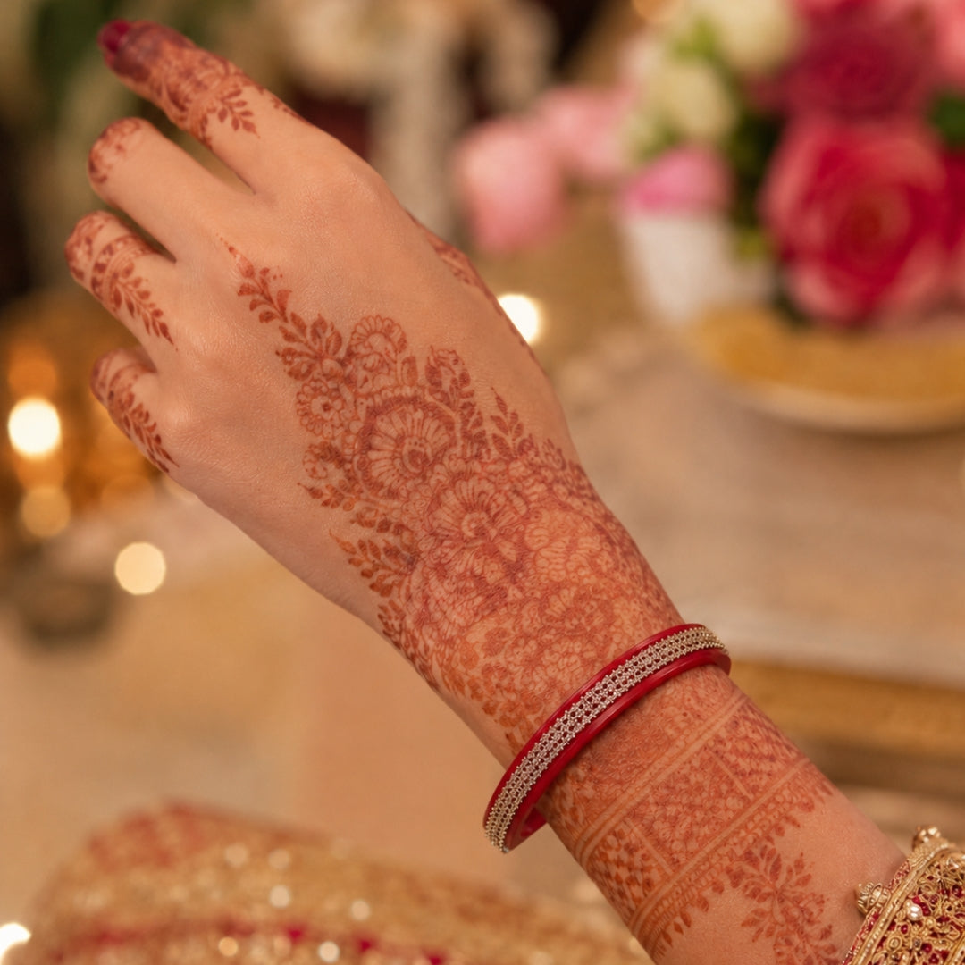 925 Sterling Silver Red Pola Bangle Pair with Traditional Motif Detailing for Women