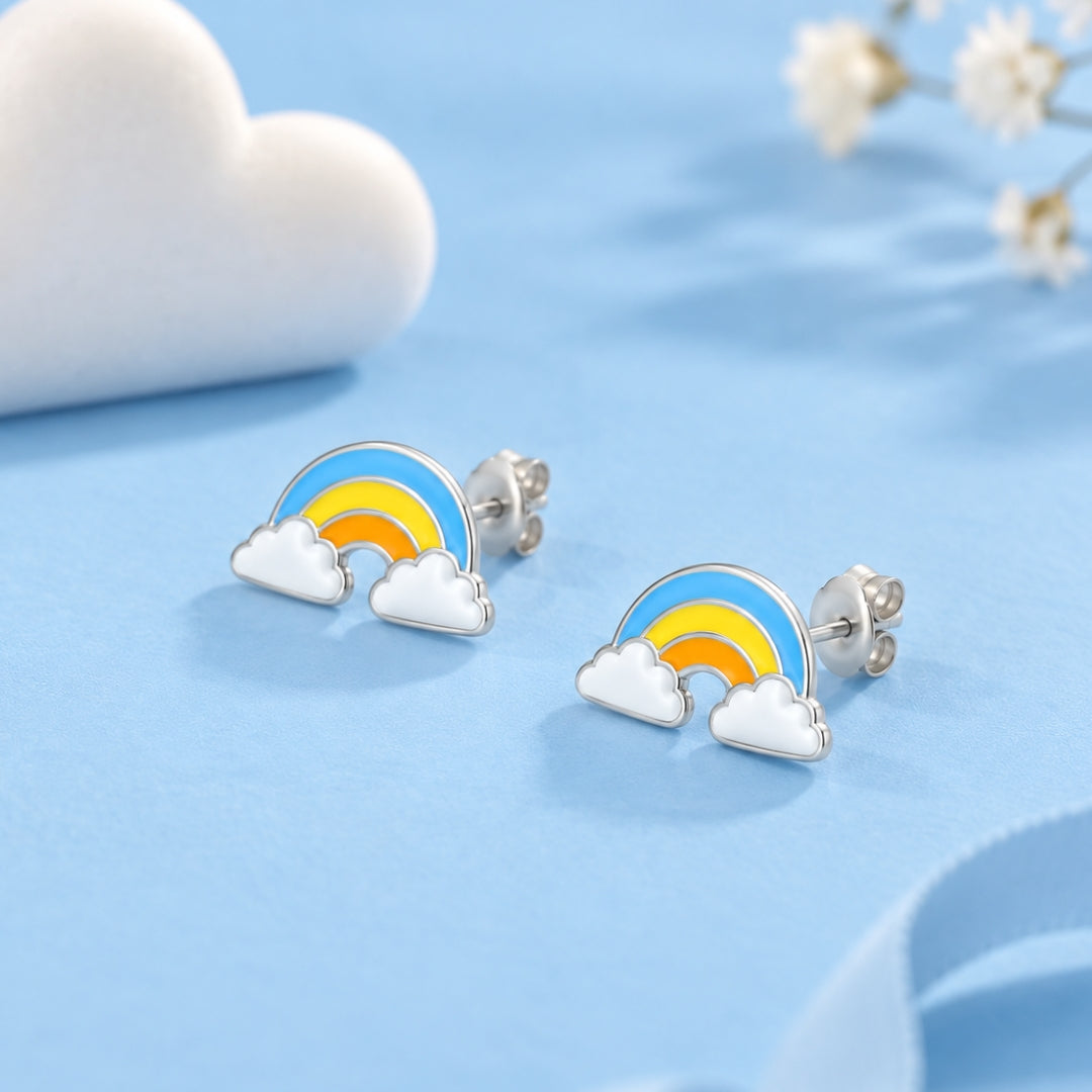 925 Sterling Silver Blue, Yellow & Orange Rainbow Cloud Stud Earrings for Girls