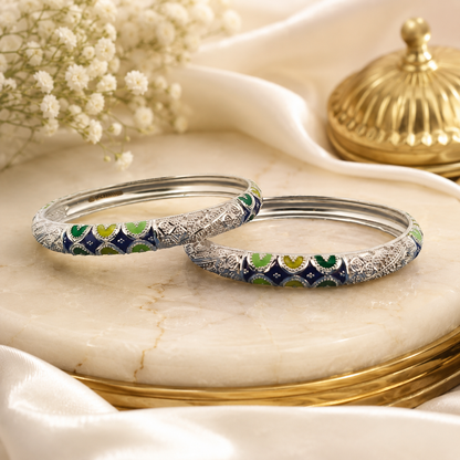 Sterling Silver Blue Green Meenakari Manipuri Bangle Set for Women
