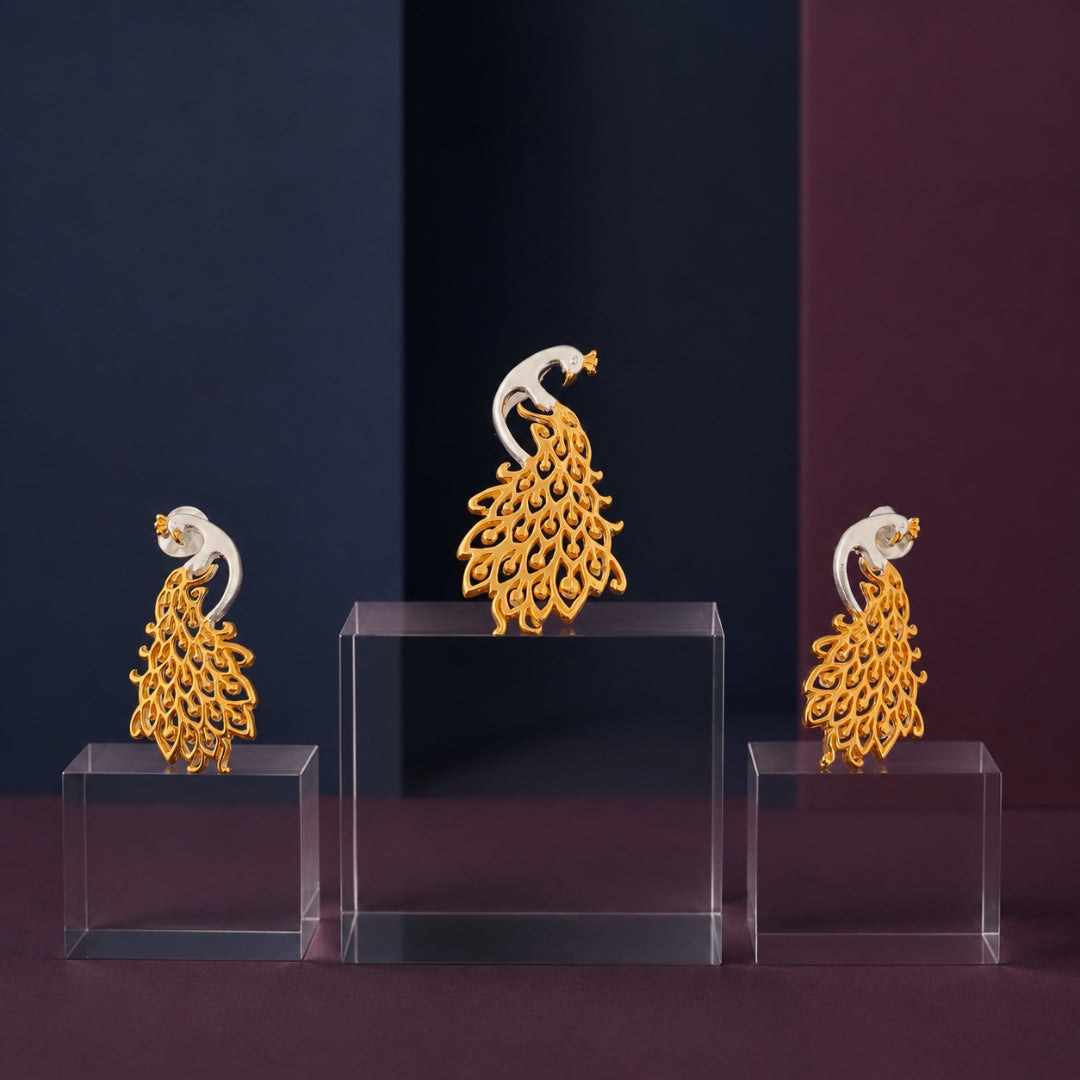 Sterling Silver Gold Plated Peacock Pendant (Without Chain)with Matching Earrings Set for Women & Girls