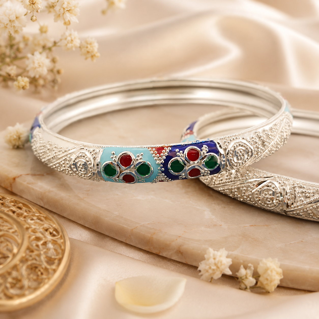 Sterling Silver Sky Blue Floral Meenakari Manipuri Bangle Set for Women
