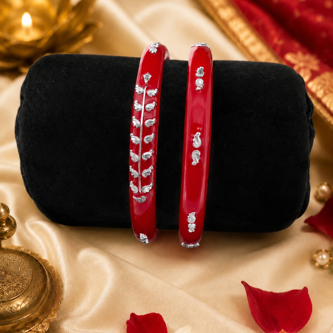 925 Sterling Silver Red Pola Bangle Pair with Floral Motif Detailing for Women