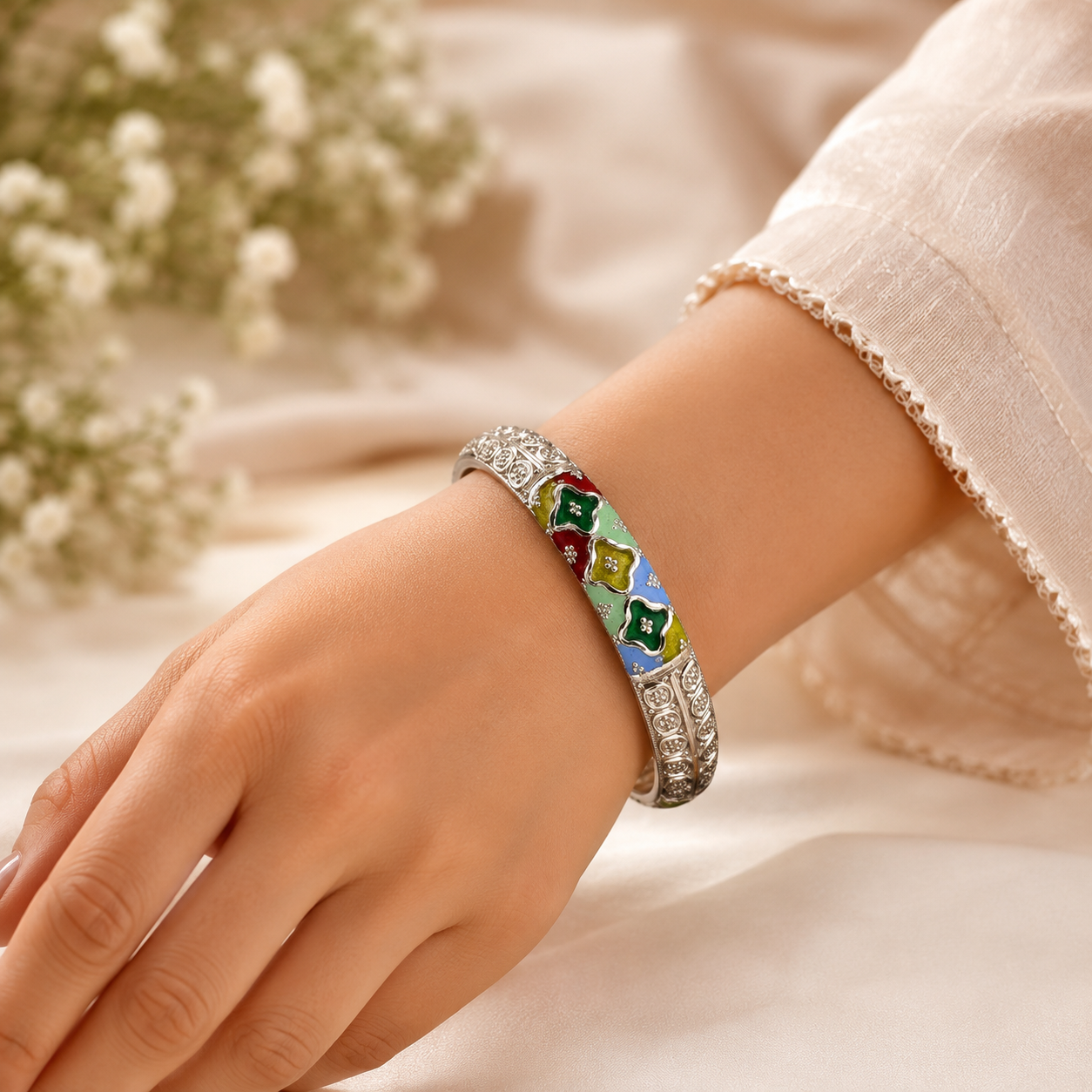 Sterling Silver Petal Motif Meenakari Manipuri Bangle Set for Women