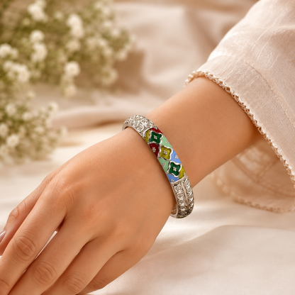 Sterling Silver Petal Motif Meenakari Manipuri Bangle Set for Women